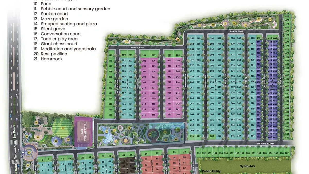 Sattva Ekatra master plan with plots coloured by size and the 27-item landscape legend